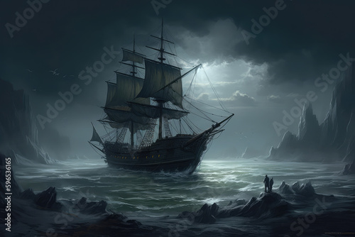 A cold, dark seascape with a spectral ship is depicted in this illustration. There's a Flying Dutchman out there in the distance, generative AI © Kien