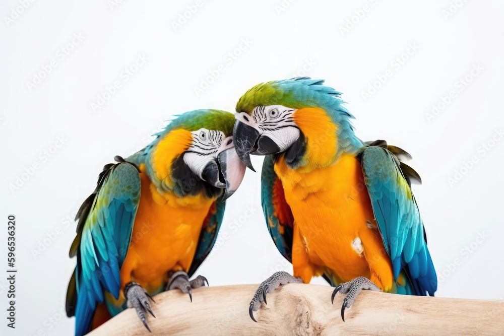 Brilliant macaw parrots on a white background, generative AI
