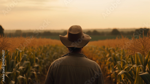A farmer from the back looking at his corn plantation. Generative AI © LEMUEL