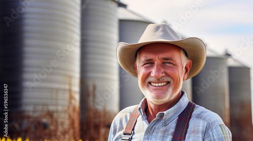 A farmer smiling from the front. In the background silos of grain. Generative AI