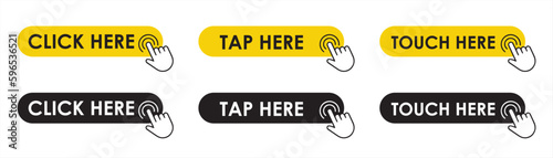 Set of Click here yellow button with hand cursor. Button with hand pointer clicking. Click here banner with shadow. Smartphone social media interface - stock vector.