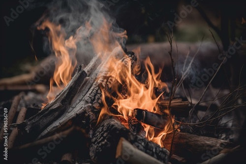 Close-up outdoor campfire. Wood, flames, fire. Generative AI