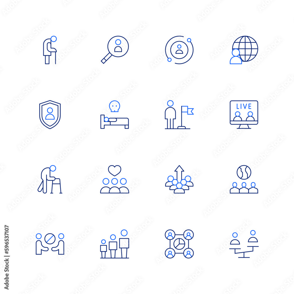 People icon set. Editable stroke. Thin line icon. Duotone color. Containing old man, search, user, world, personal security, person, flag, live, walker, heart, improvement, citizenship, avoid.