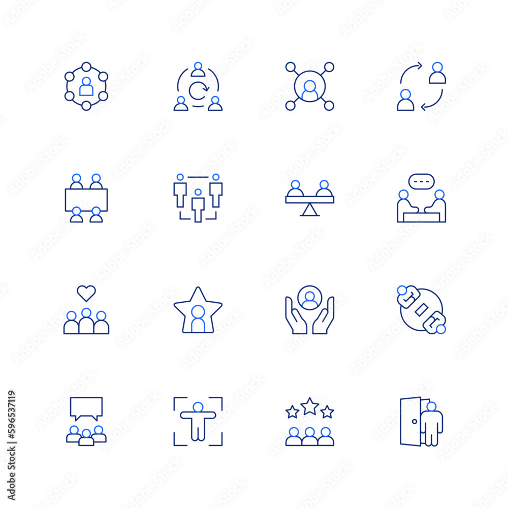 People icon set. Editable stroke. Thin line icon. Duotone color. Containing user, agile team, circles, change, meeting, relationship, equality, happy client, star, care, body scan, workers, dismiss.