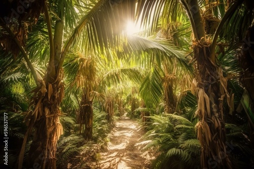 Lush palm trees and plants flourish in a sunny Asian tunnel garden, with a focus on palm oil plantations for agriculture. Generative AI