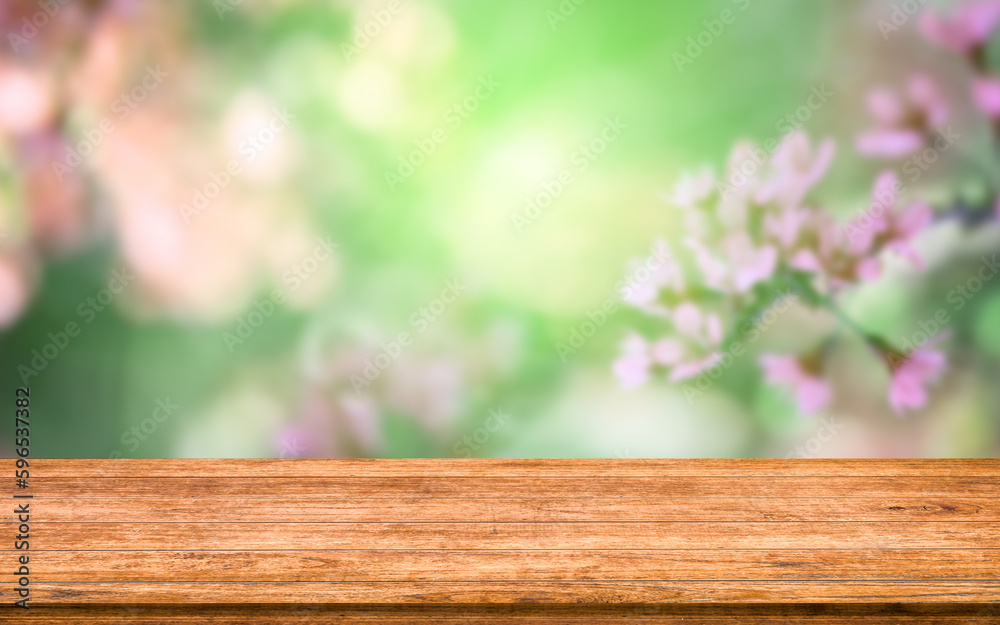 Wooden board empty table background flower sping