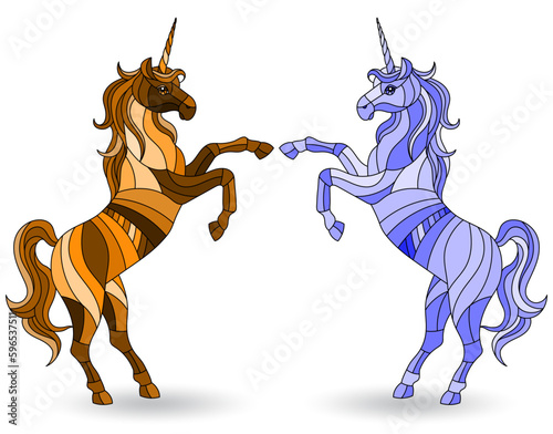 Illustration in stained glass style with a set of unicorns,animals isolated on a white background, tone brown and blue