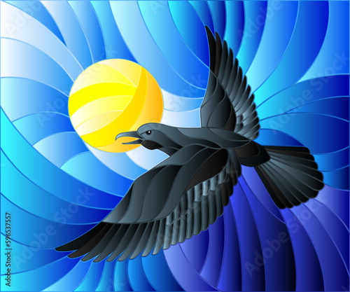 Illustration in stained glass style raven on the background of blue sky and sun