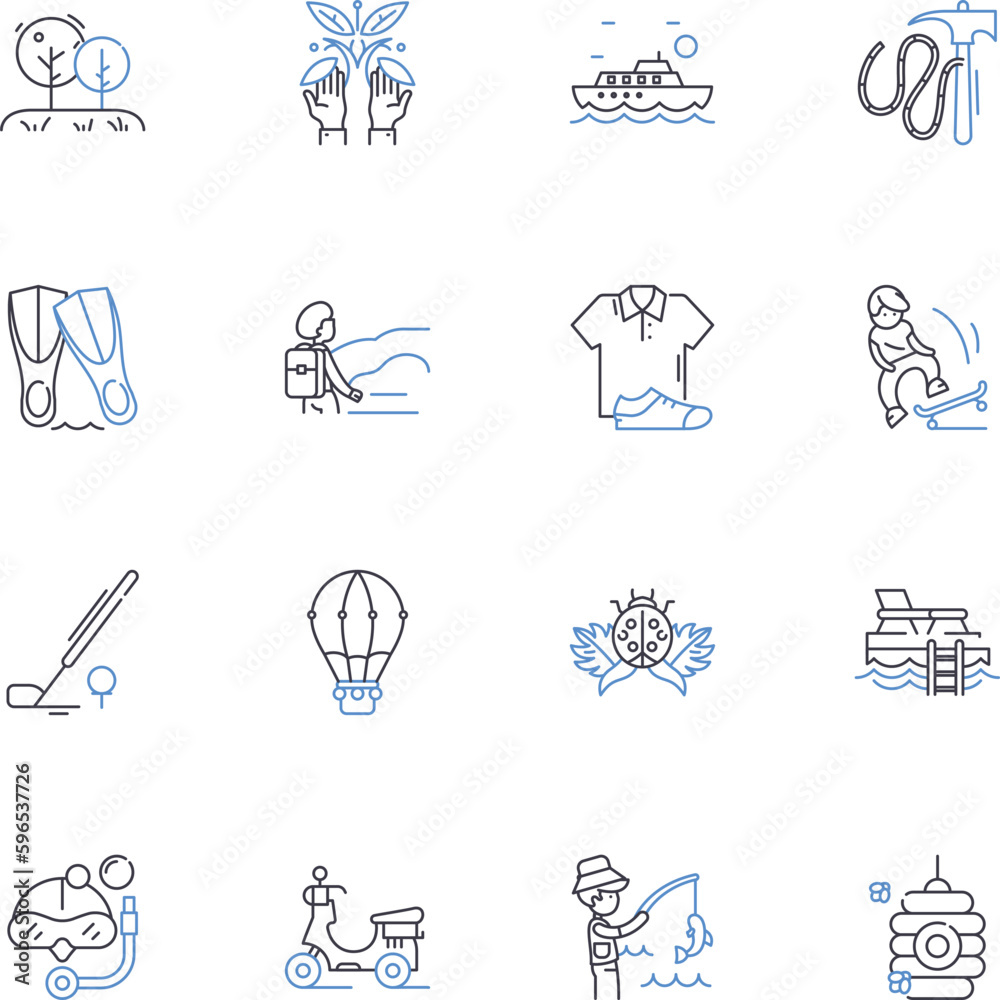 Excursion line icons collection. Adventure, Exploration, Journey, Safari, Trek, Expedition, Discovery vector and linear illustration. Escape,Hike,Tour outline signs set Generative AI