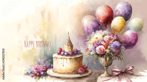 Happy birthday holiday celebration concept. Greeting birthday party, decoration invitation card. Watercolor illustration, post processed AI generated image