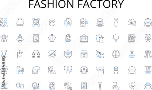 Fashion factory line icons collection. Technology, Urbanization, Consumerism, Fitness, Sustainability, Convenience, Social media vector and linear illustration. Generative AI