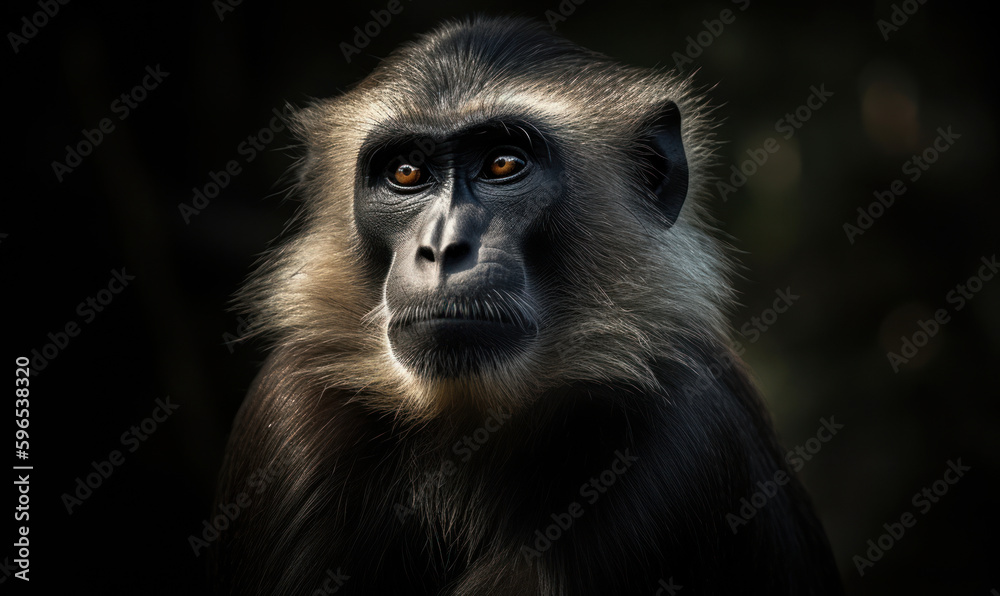 close up photo of diana monkey on  blurry bokeh forest background. Generative AI