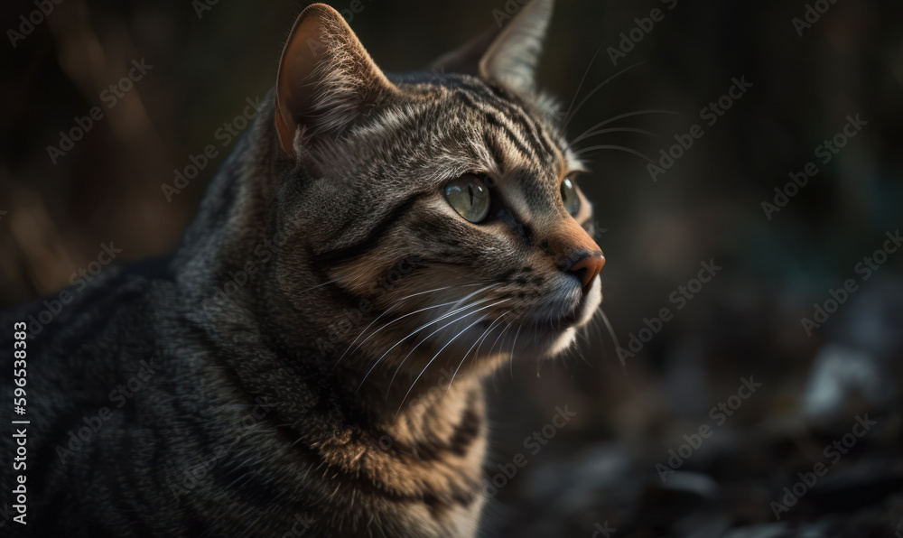 Fototapeta premium close up photo of domestic shorthair on blurry forest background. Generative AI
