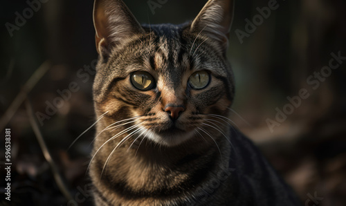 close up photo of domestic shorthair on blurry forest background. Generative AI © Bartek