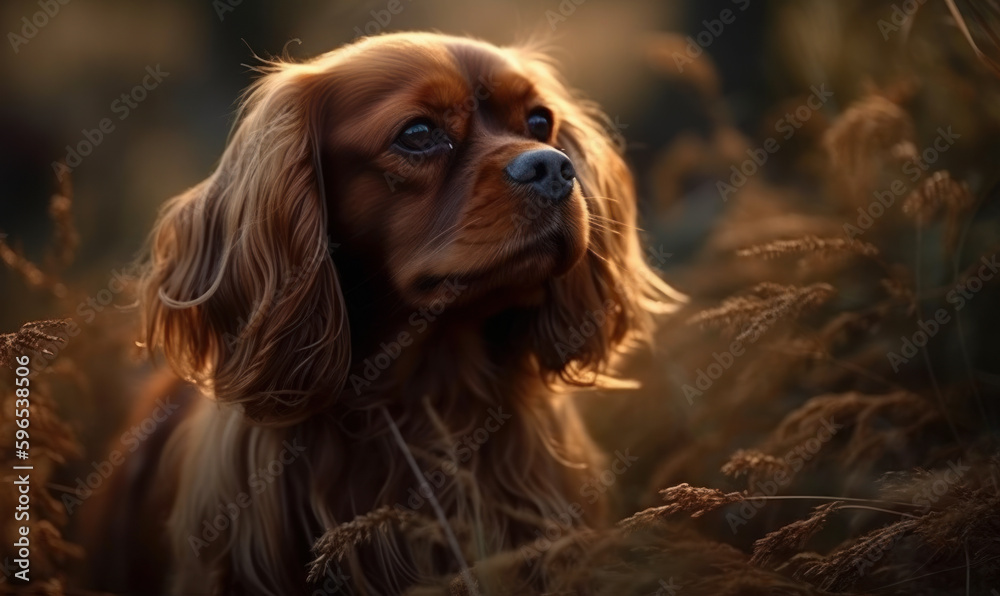 sunset close up photo of English toy spaniel standing in tall grass. Generative AI