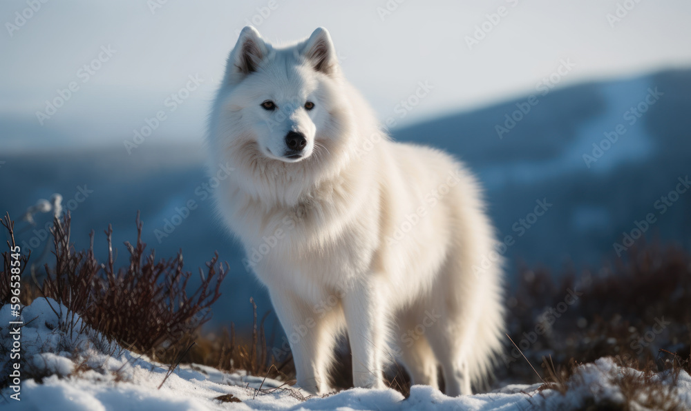 Obraz premium Arctic Guardian: Photo of Eskimo dog, majestically standing on a snowy landscape of the Arctic wilderness, with piercing eyes and a thick white coat. Generative AI
