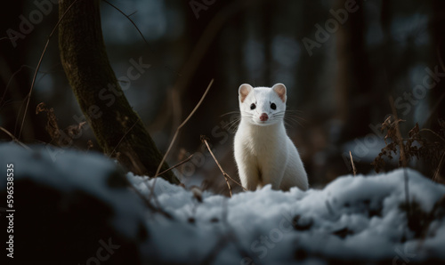 Ermine in the Wild: Photo of ermine, also called stoat, captured in midst of its hunt for prey in snowy woodland setting to accentuate striking white coat & piercing eyes of the stoat. Generative AI photo