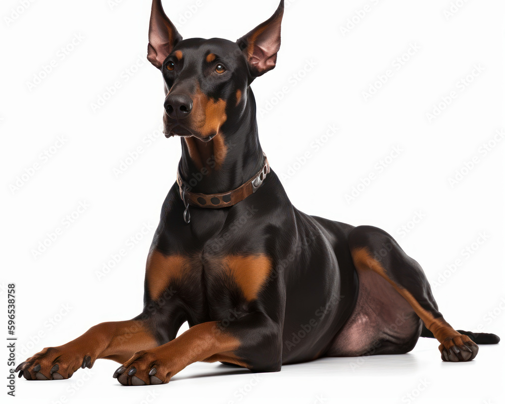 photo of Doberman Pinscher visible in full figure isolated on white background. Generative AI