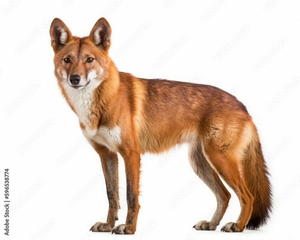 photo of dhole (Cuon alpinus) visible in full figure isolated on white background. Generative AI