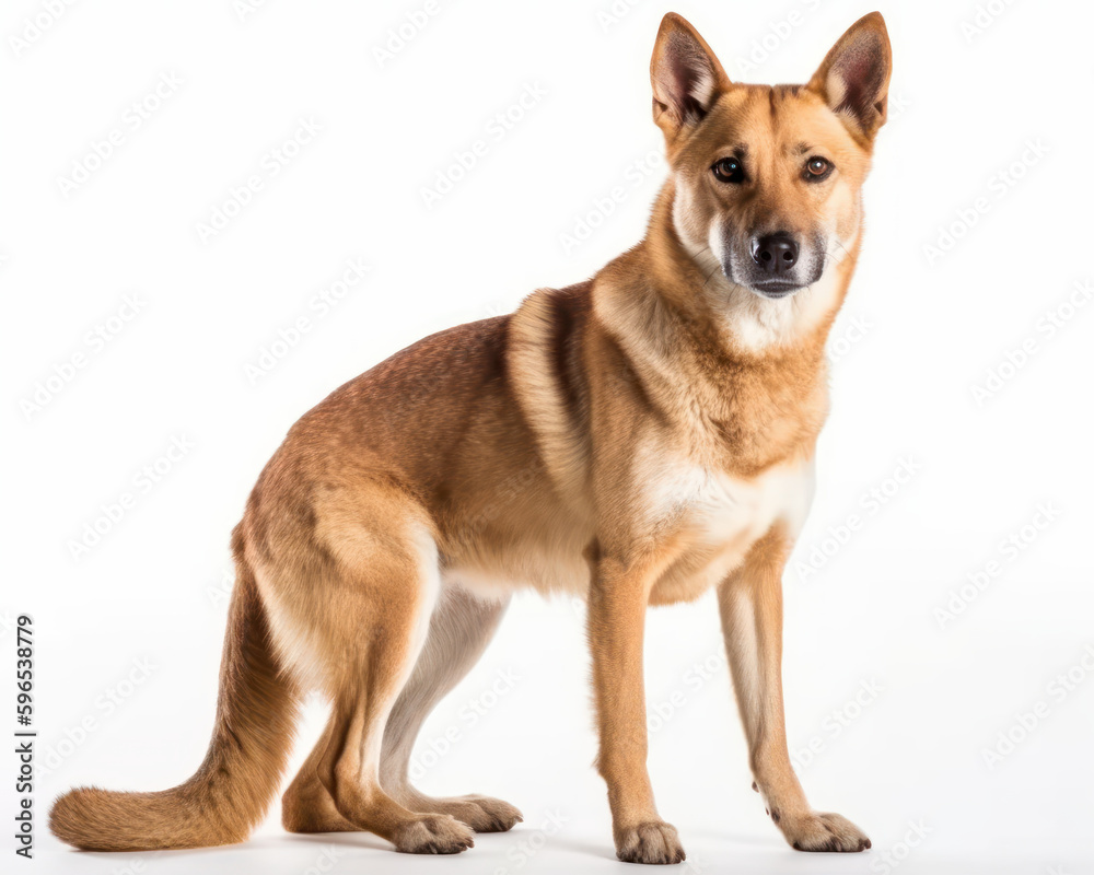 photo of dingo, also called warrigal visible in full figure isolated on white background. Generative AI