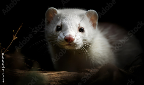 close up photo of ermine, also called stoat on black background. Generative AI