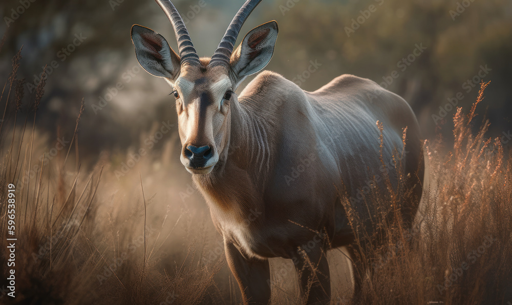 close up photo of eland (genus Taurotragus) on blurry savannah background. Generative AI close up photo of eland (genus Taurotragus) on blurry savannah background. Generative AI