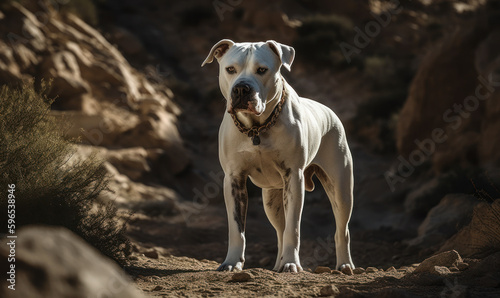 Photo of Dogo Argentino  standing alertly amidst a rugged  rocky terrain  with a fierce determination in its eyes emphasizing every muscular detail of the breed s powerful physique. Generative AI
