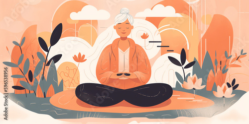Retirement wellness: A retiree practicing self-care like yoga, meditation, or a spa day in a peaceful environment. Generative AI.