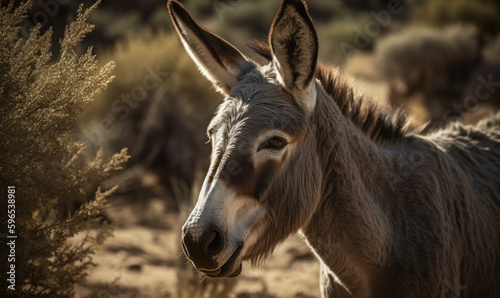 photo of donkey in its natural habitat. Generative AI © Bartek