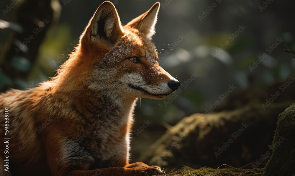 close up photo of dhole (Cuon alpinus) on blurry forest background. Generative AI close up photo of dhole (Cuon alpinus) on blurry forest background. Generative AI