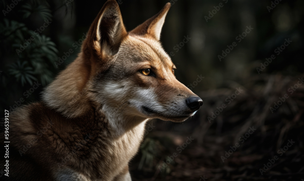 close up photo of dingo, also called warrigal on blurry forest background. Generative AI