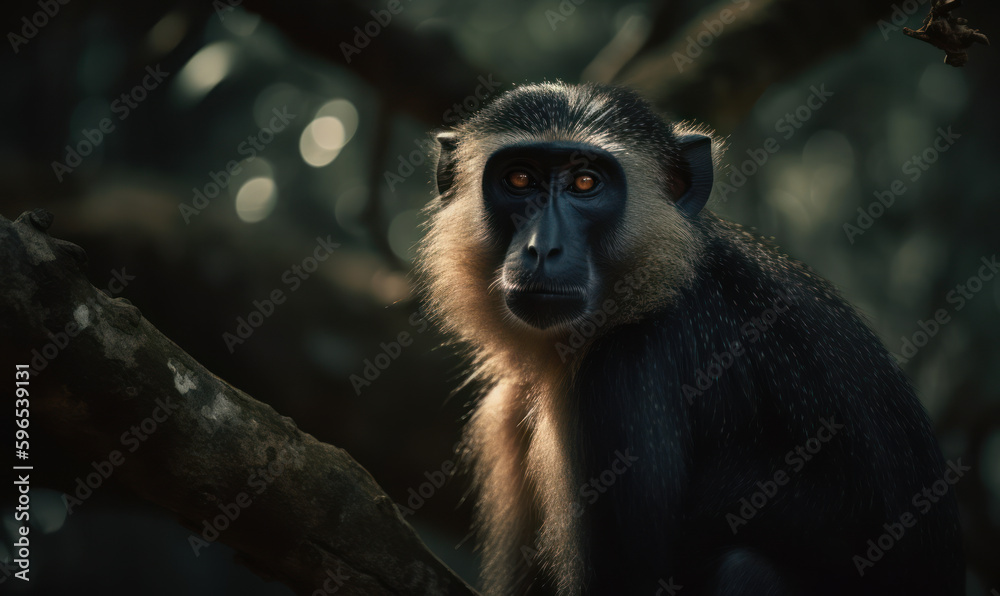 Diana monkey in its natural habitat, perched on a tree branch, gazing curiously at the camera with expressive eyes. The lush greenery of the jungle is softly blurred in the background. Generative AI Diana monkey in its natural habitat, perched on a tree branch, gazing curiously at the camera with expressive eyes. The lush greenery of the jungle is softly blurred in the background. Generative AI