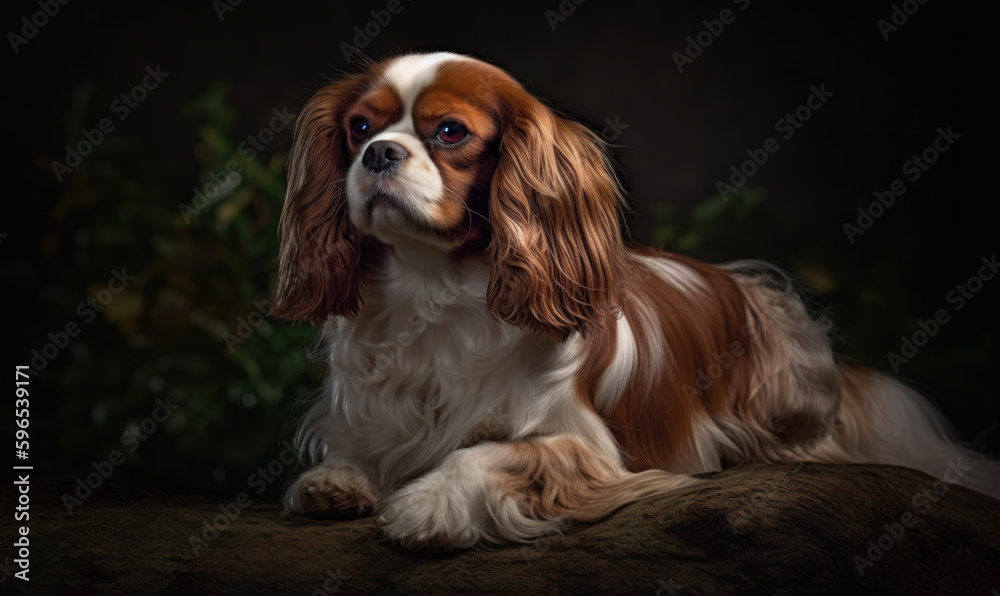 Naklejka premium photo of English toy spaniel on dark background. Generative AI