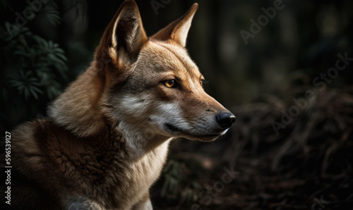 close up photo of dingo, also called warrigal on blurry forest background. Generative AI