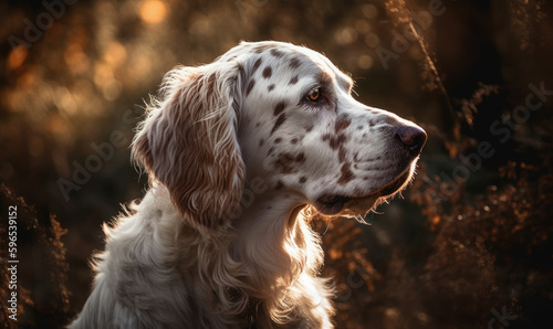 sunset close up photo of English setter with blurry forest background. Generative AI