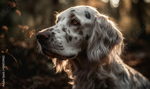 sunset close up photo of English setter with blurry forest background. Generative AI
