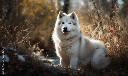 sunset photo of Eskimo dog in its natural habitat. Generative AI