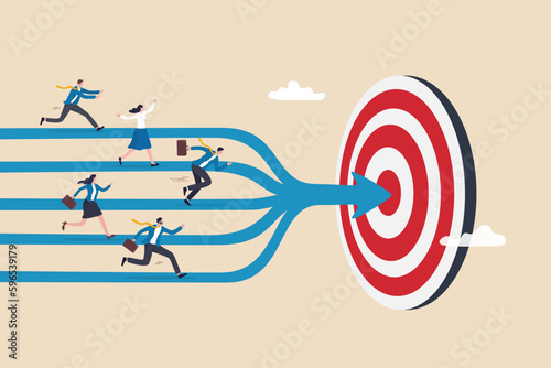 Team target or goal achievement, company or corporate objective and purpose to success in work, strategy or same direction to win together concept, business people employee running to reach target.
