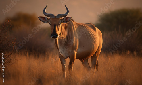 Wild Africa: Photo of eland (genus Taurotragus), majestically standing amidst the vast savannah grasslands of Africa, illuminated by the golden light of the setting sun. Generative AI photo