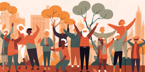Retirement community: A retiree engaging in group activities like yoga or book clubs in a vibrant retirement community. Generative AI.