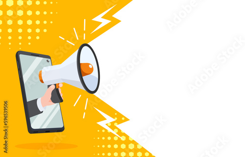Flyer Smartphone and hand hold Megaphone speaker for announce, advertising, promotion, and Grand sale. Vector illustration for retail shopping online marketing template, banner, poster, and background