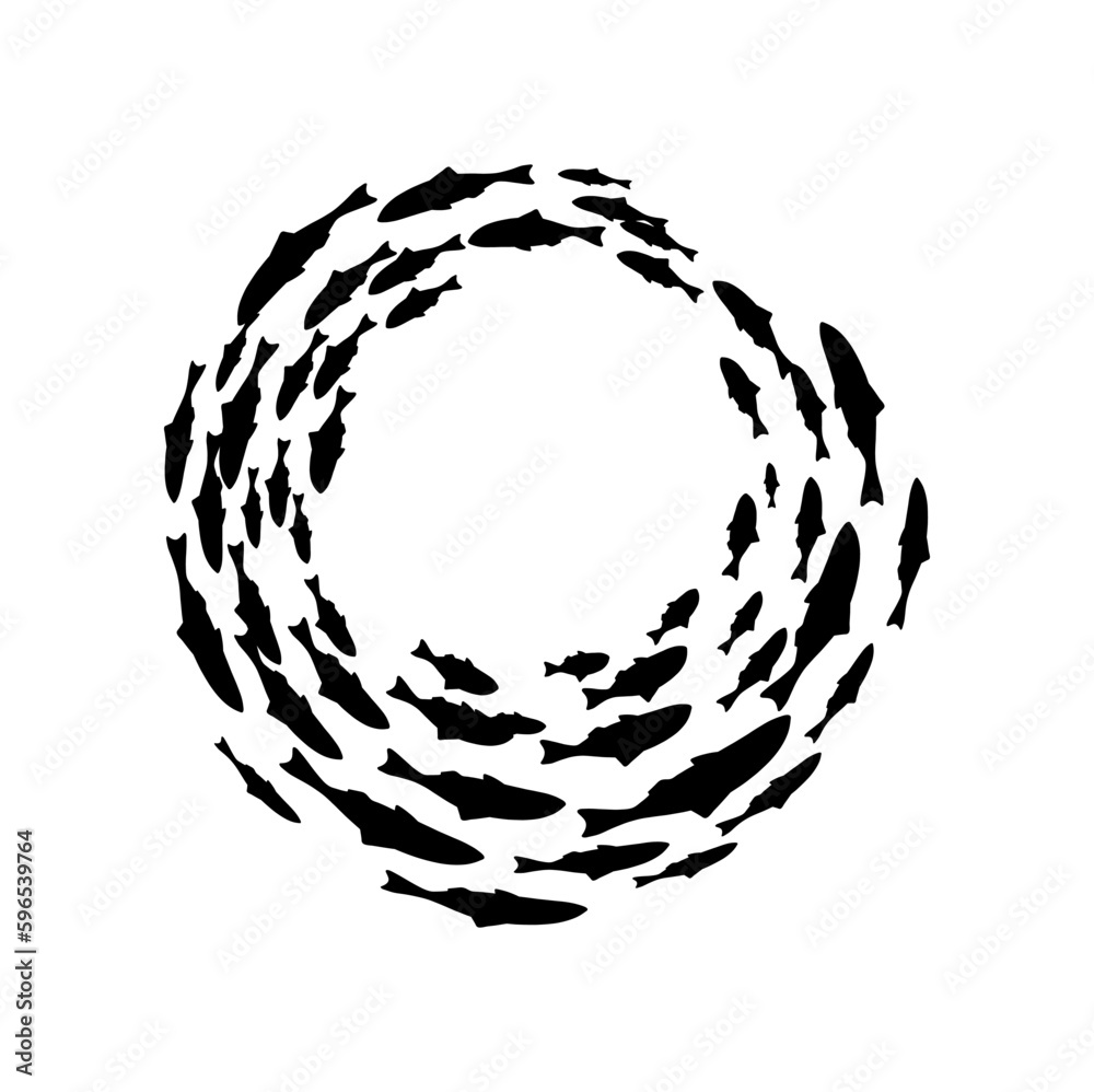 Circle shoal and fish school vector silhouette. Tornado swirl of