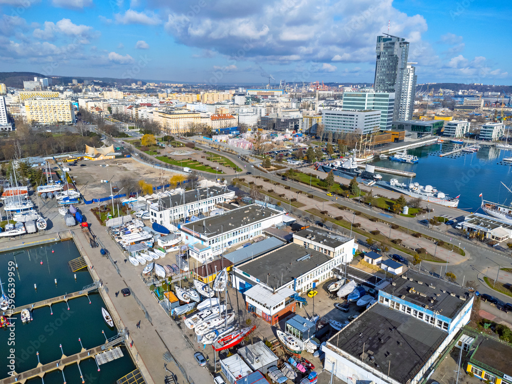 Aerial view landscape Poland Gdynia. View of city , buildings, harbor, coast. Photo from a drone.