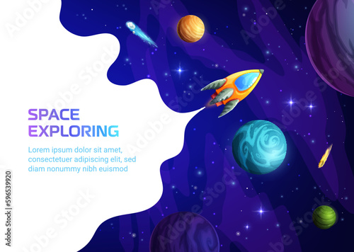 Space landing page, space rocket in galaxy with planets and stars vector background of business startup website template. Space exploring web banner or astronomy science project launch landing page