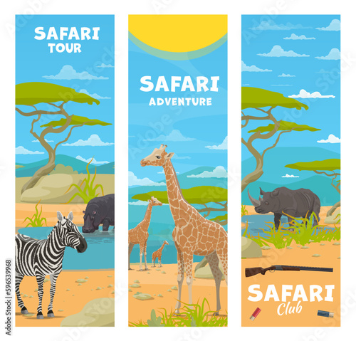 Safari hunting. Cartoon african animals on vector background of Africa savanna landscape, trees and mountains. Giraffes, rhino, hippo and zebra, hunter rifle and ammo. Safari adventure tour banners