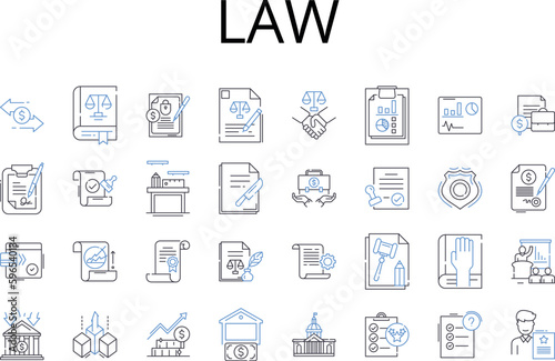 Law line icons collection. Justice, Legislation, Rulebook, Statute, Decree, Regulation, Bylaw vector and linear illustration. Code,Statutory law,Ordinance outline signs set Generative AI