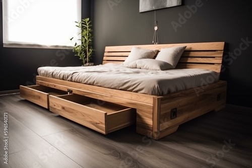 Spacious wooden futon with ample storage. Ideal for a bedroom. Generative AI photo