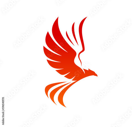 Phoenix bird icon, fire eagle emblem or flying falcon vector silhouette. Phoenix firebird tattoo or mascot symbol for luxury company, fashion brand or business identity sign of red phoenix bird