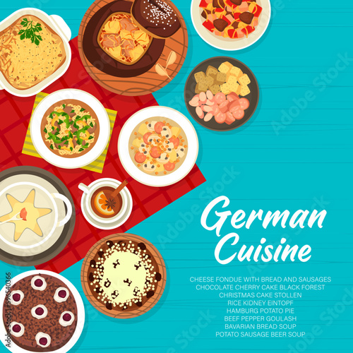 German cuisine restaurant menu cover design. Chocolate cherry cake Black Forest, sausages and cake Stollen, goulash, bavarian bread soup and Hamburg pie, potato beer soup, cheese fondue and Eintopf