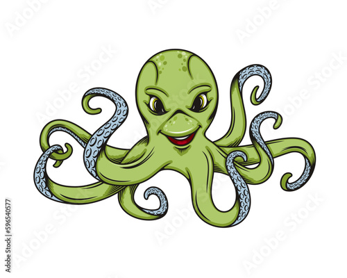 Cartoon octopus, cute sea water animal character. Vector green octopus with happy smiling face, tentacles and blue suckers. Funny personage of marine monster, zoo aquarium, ocean wildlife themes